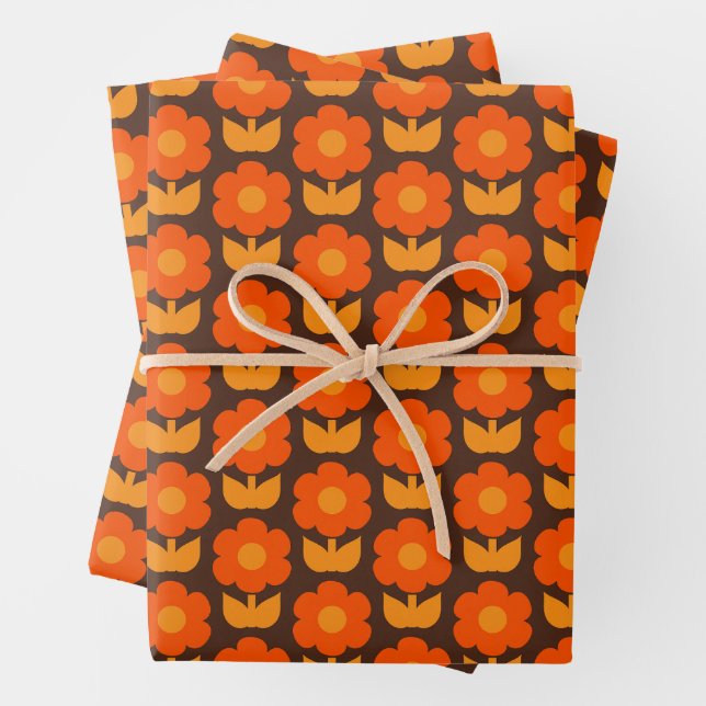 Retro 70s Jonnty Flower Pattern Orange & Brown Wrapping Paper Sheet (In situ)