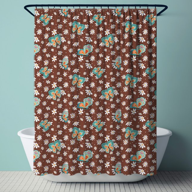 RETRO 70s Mod Daisy Floral Hippy Butterfly Brown Shower Curtain (Creator Uploaded)