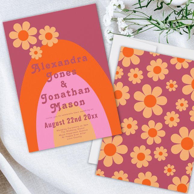 Retro 70s Modern Wedding Invitation (Retro daisy arch orange peach pink wedding invitation with groovy typography )