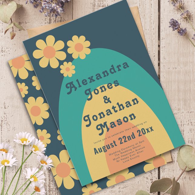 Retro 70s Modern Wedding Invitation (Modern Retro daisy arch groovy 70s typography wedding invitation )