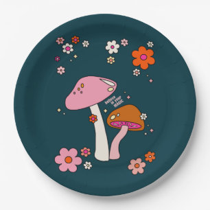 Retro 70s Mushrooms And Flowers Navy Blue Paper Plate