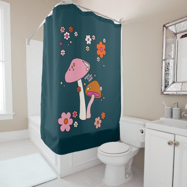 Retro 70s Mushrooms And Flowers Navy Blue Shower Curtain (In Situ)