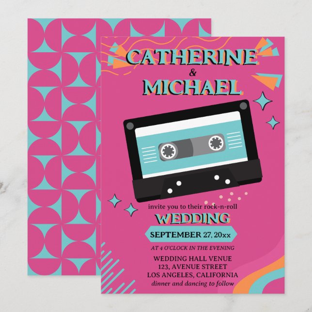 Retro 70s Music Cassette Tape Groovy Fuchsia Fun Invitation (Front/Back)