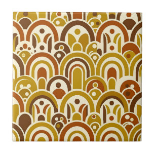 Retro 70s Mustard Brown Geometric Scalloped Arch Ceramic Tile