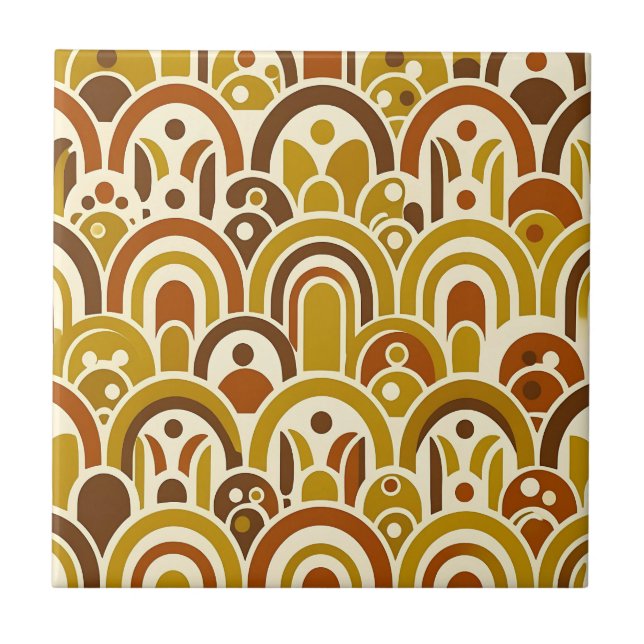 Retro 70s Mustard Brown Geometric Scalloped Arch  Ceramic Tile (Front)