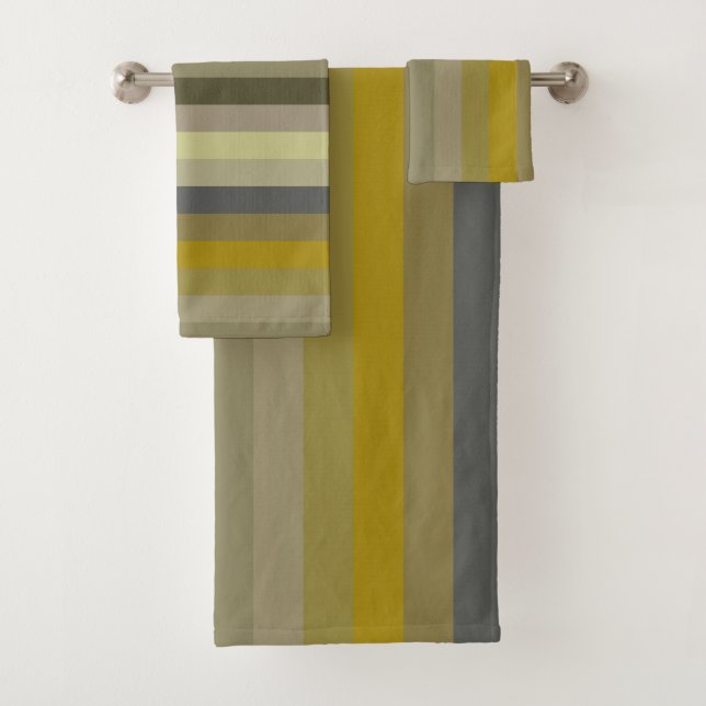 Retro 70s Mustard & Olive Stripes Bath Towel Set (Insitu)