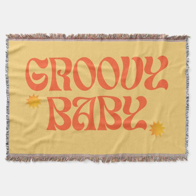 Retro 70s Mustard Orange Hippie Groovy Baby Throw Blanket (Front)