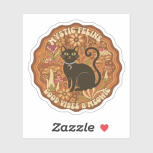 Retro 70s Mystic Feline Groovy Black Cat & Mushroo