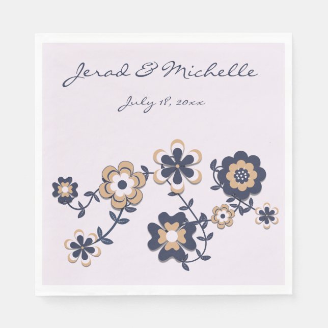 Retro 70's Navy Blue-Gold Flower Power Napkin (Front)