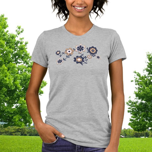 Retro 70's Navy Blue-Gold Flower Power T-Shirt (Creator Uploaded)