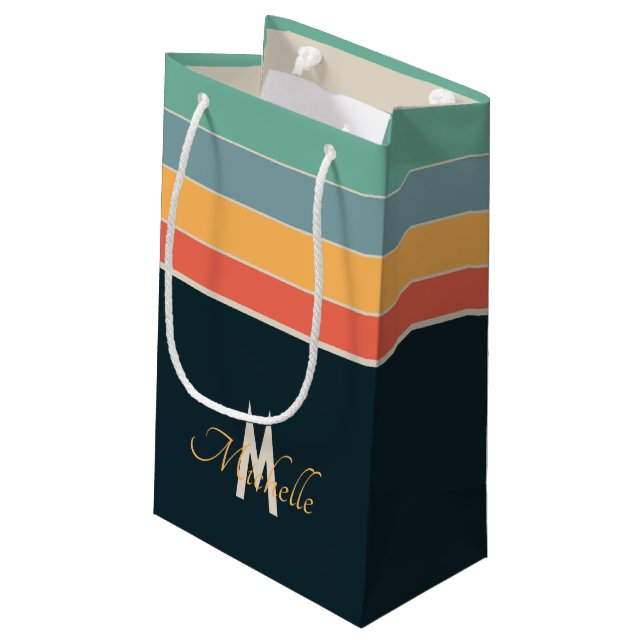 Retro 70s Navy Blue & Pink Stripes Custom Name Small Gift Bag (Back Angled)