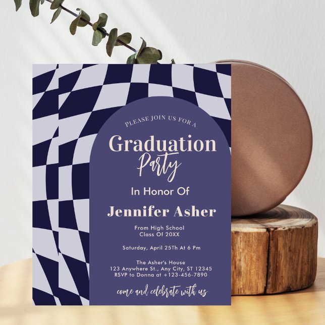 Retro 70s Navy Chequered Arch Photo Graduation Invitation (Creator Uploaded)