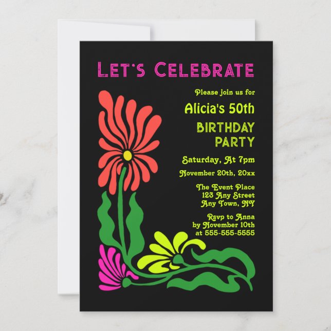 Retro 70s Neon Groovy Psychedelic Flower Birthday Invitation (Front)