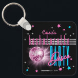Retro 70's Neon Look Disco Ball Bachelorette Key Ring<br><div class="desc">Take a trip back to the 70's and party on the wild side with this retro disco ball "Welcome" to [name's] "Bachelorette Disco Party" design in pink, electric blue and including pink and silver tone text with pink, blue and silver tone (not foil) stars -- all on a black background....</div>