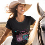 Retro 70's Neon Look Disco Ball Bachelorette Party T-Shirt<br><div class="desc">Take a trip back to the 70's and party on the wild side with this retro disco ball "Bachelorette Disco Party" design in pink, electric blue and including pink and silver tone text with pink, blue and silver tone (not foil) stars -- all on a black background. Note that bachelorette's...</div>