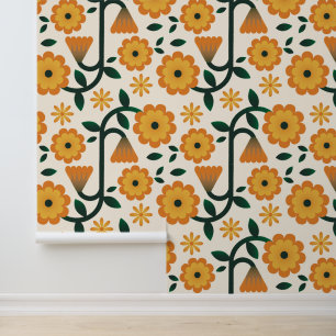 Retro 70s Orange & Green Groovy Floral Wallpaper