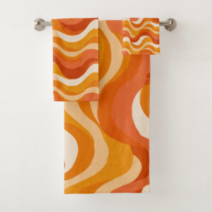Retro 70s Orange Mustard Wave Abstract Pattern Bath Towel Set