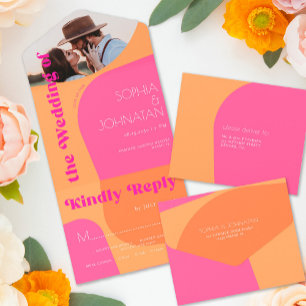 Retro 70s orange pink abstract PHOTO wedding rsvp All In One Invitation