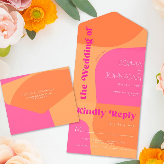 Retro 70s orange pink bold abstract wedding rsvp all in one invitation (Creator Uploaded)