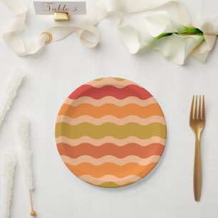 Retro 70s orange red green Groovy Waves Paper Plate