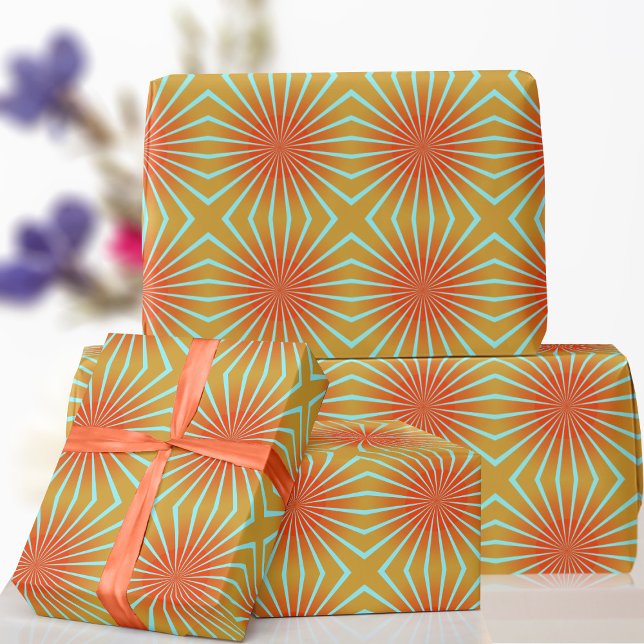 Retro 70s Orange Sunburst Wrapping Paper (Bright abstract orange and blue wrapping paper just for you)