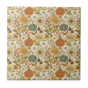 Retro 70s Orange Yellow Daisy Flowers Boho Pattern Ceramic Tile