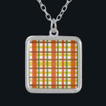 Retro 70s Orange Yellow Plaid Silver Plated Necklace<br><div class="desc">This funky, original 70s-inspired design is made to look like groovy 1970s or late 1960s vintage plaid in shades of orange, gold yellow, moss green and red-brown on white. The seamless chequered pattern is slightly distressed so it looks like it has been painted on. This is a cool, old school...</div>