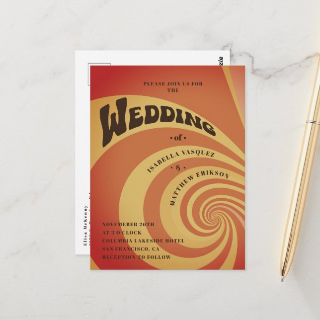  Retro 70s Orange Yellow QR Code Wedding Postcard (Front/Back In Situ)