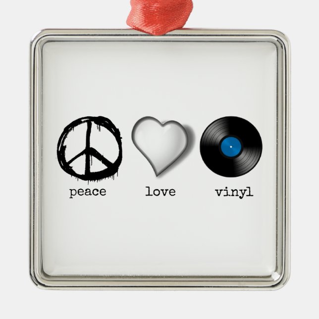 Retro 70s Peace Love Vinyl Metal Ornament (Front)