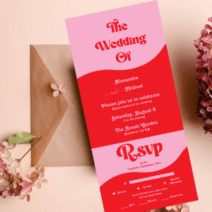 Retro 70s Pink and Red Neon Wedding All In One Inv Invitation
