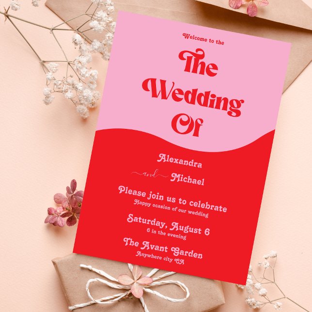 Retro 70s Pink and Red Neon Wedding Invitation (Creator Uploaded)