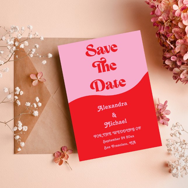 Retro 70s Pink and Red Neon Wedding Save The Date (Creator Uploaded)