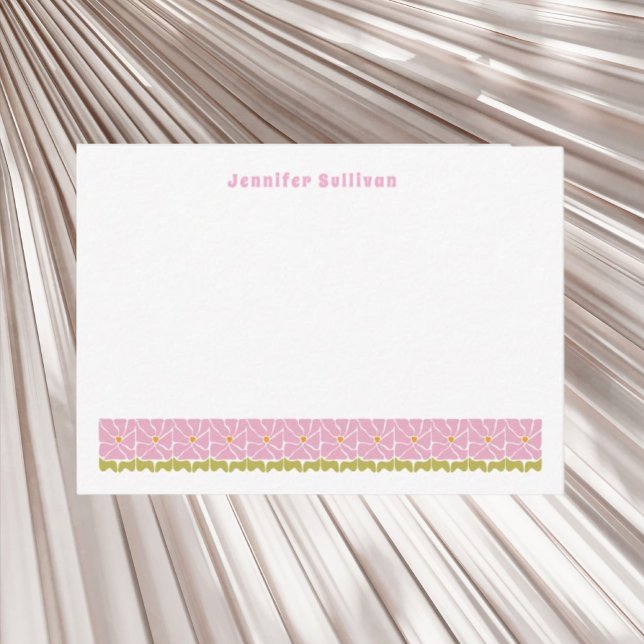 Retro 70s pink Floral Personalized Flat Note Card (Creator Uploaded)