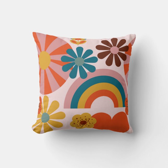 Retro 70's pink floral, rainbow and heart motifs  cushion (Front)