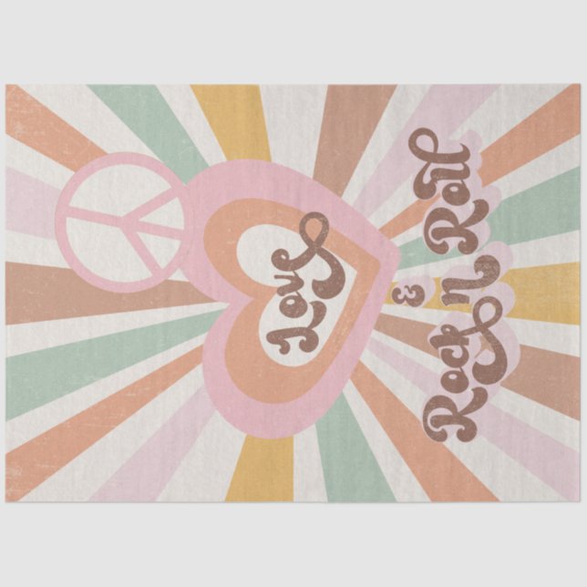 Retro 70s Pink Peace Love Rock n Roll Decoupage Tissue Paper (Front)