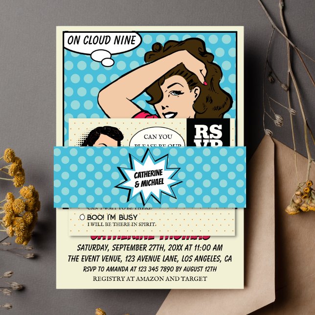 Retro 70's Pop Art Comic Book Wedding Blue Invitation Belly Band (Creator Uploaded)