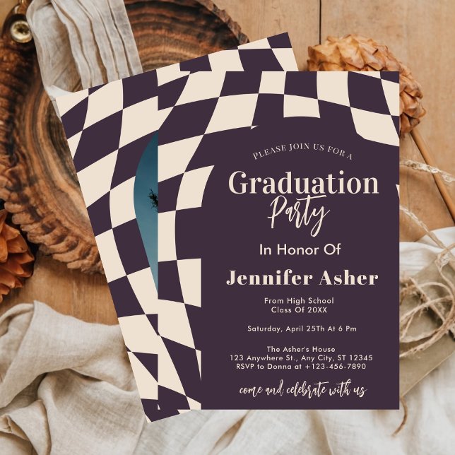 Retro 70s Purple Chequered Arch Photo Graduation Invitation (Creator Uploaded)
