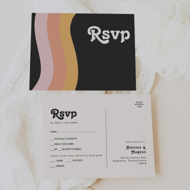 Retro 70's Rainbow Dark Menu Choice RSVP Postcard (Creator Uploaded)