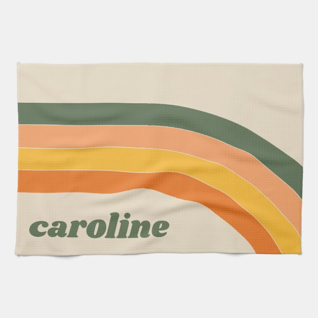 Retro 70s Rainbow Green Orange Personalised Name Tea Towel (Horizontal)