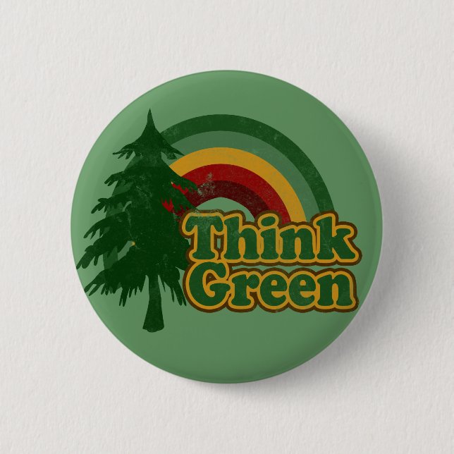 Retro 70s Rainbow, Think Green 6 Cm Round Badge (Front)
