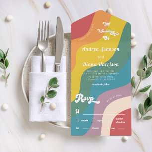 Retro 70s Rainbow Waves LGBTQ Gay Pride Wedding All In One Invitation