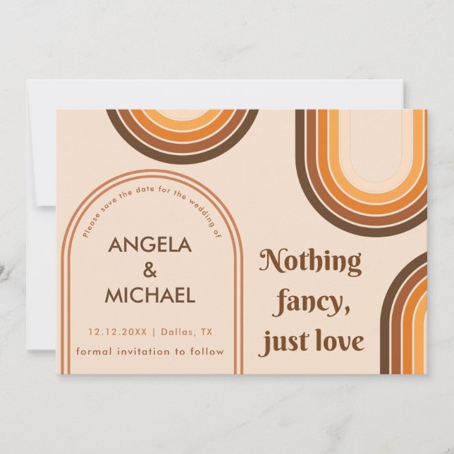 Retro 70s Rainbows Minimalist Brown Arch Boho Save The Date (Front)