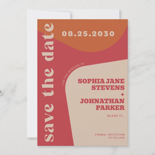 Retro 70s red orange beige wedding save the date (Front)