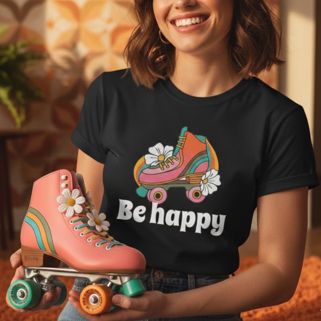 Retro 70s Roller Skate Daisy "Be Happy" Graphic T-Shirt (Creator Uploaded)