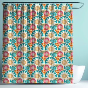 RETRO 70s Scallop Floral Hippy Sunshine Flowers Shower Curtain