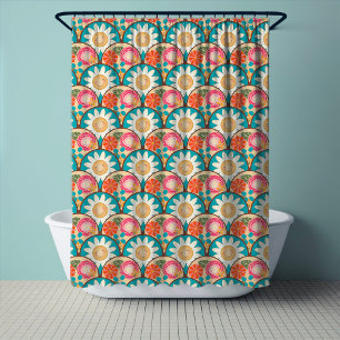 RETRO 70s Scallop Floral Hippy Sunshine In Flowers Shower Curtain