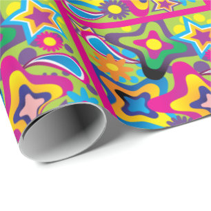 Retro 70s shapes in bright colours wrapping paper