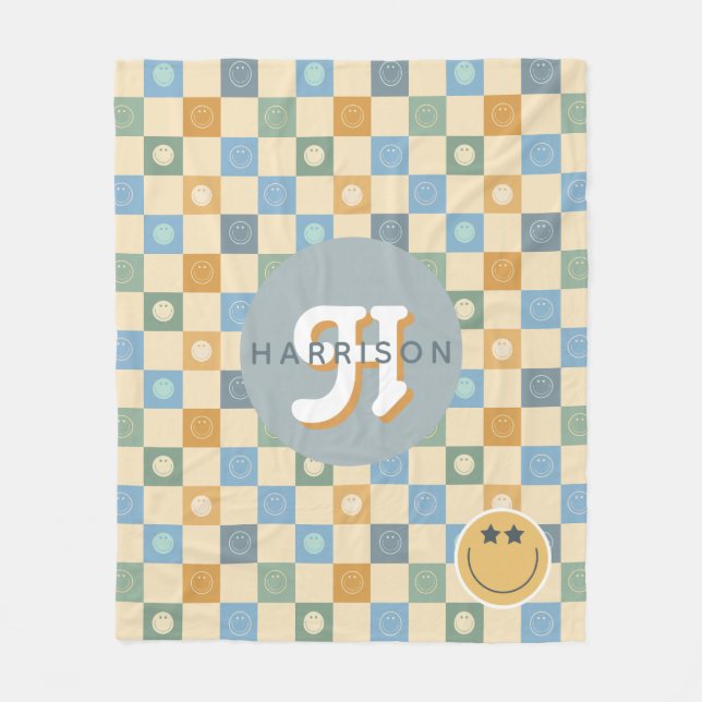 Retro 70s Smile Face Boho Chequered  Fleece Blanket (Front)