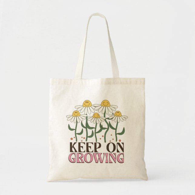 Retro 70s Smiley Face Daisy Keep On Growing Tote Bag (Front)