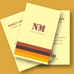 Retro 70s Stripes Monogram Yellow Business Card